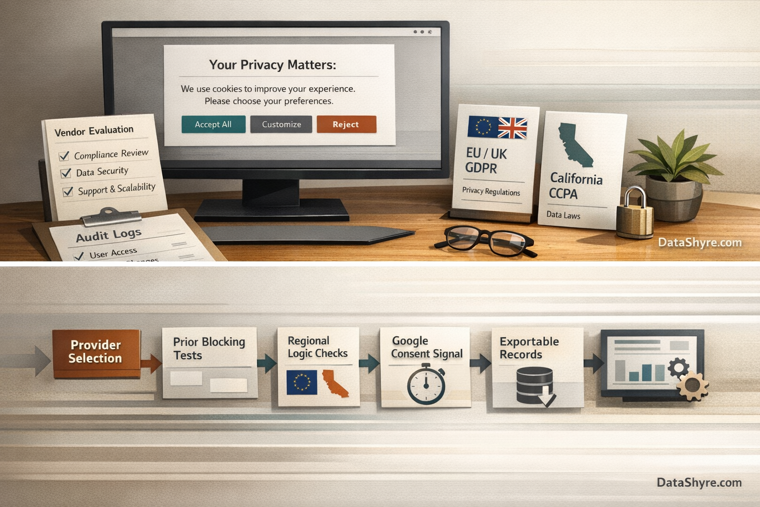 Workflow illustration showing vendor selection moving through prior blocking tests, regional logic, Google consent signals, exportable records, and change-control monitoring with subtle visible branding text DataShyre.com