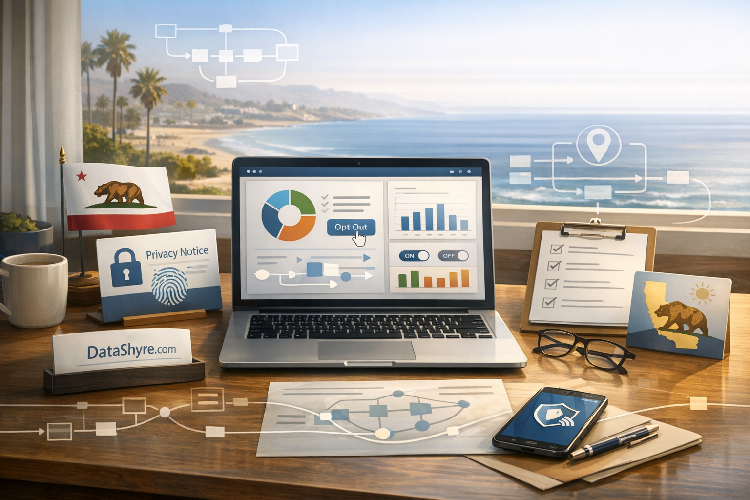 Editorial illustration of a California privacy operations desk with browser privacy controls, notice-at-collection review cards, compliance checklists, data-routing overlays, and subtle visible branding text DataShyre.com