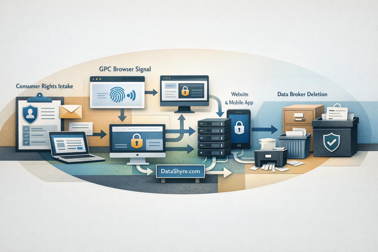 Workflow illustration showing California privacy rights moving through notice review, GPC detection, web and app opt-out paths, vendor routing, DROP deletion requests, and subtle visible branding text DataShyre.com