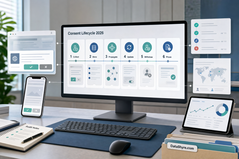 Editorial illustration of a privacy operations workspace showing consent moving through collect, store, propagate, update, withdraw, and audit-proof stages with subtle visible branding text DataShyre.com