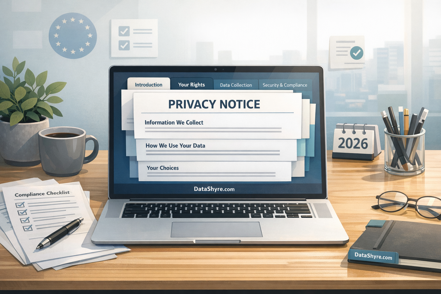Editorial illustration of a privacy operations desk with a layered privacy notice on screen, review notes, retention and rights checklists, and subtle visible branding text DataShyre.com