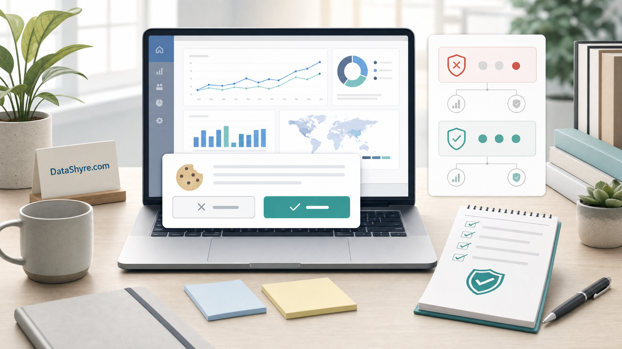 Editorial illustration of a website privacy review desk with a GA4 dashboard, fair cookie banner controls, denied-to-granted consent states, and subtle visible branding text DataShyre.com