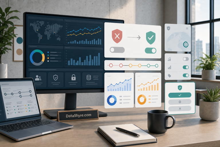 Editorial illustration of a privacy engineering workspace showing a balanced consent banner, Google tag timelines, denied and granted consent states, analytics and ads dashboards, and subtle visible branding text DataShyre.com
