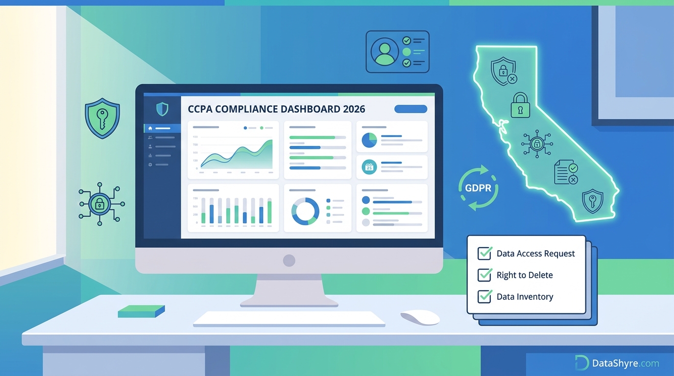 Editorial illustration showing a CCPA compliance workspace with California state indicators, business revenue checkmarks, consumer data thresholds, and DataShyre.com branding visible