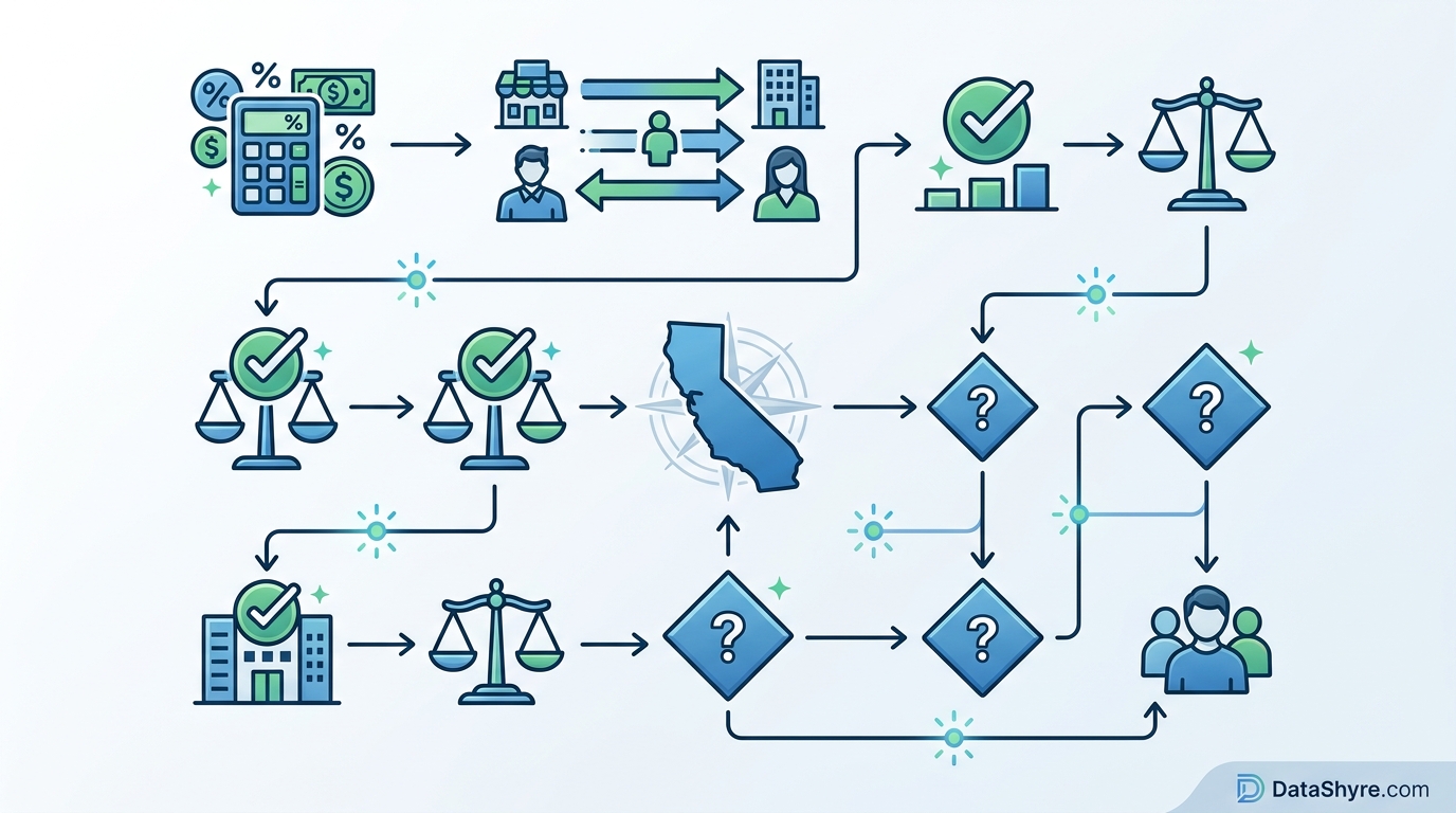 Workflow illustration showing CCPA applicability flowchart: does business in California check, three threshold tests ($26.6M revenue, 100K consumers, 50% data revenue), new 2026 risk assessment trigger, and data broker registration check with DataShyre.com branding