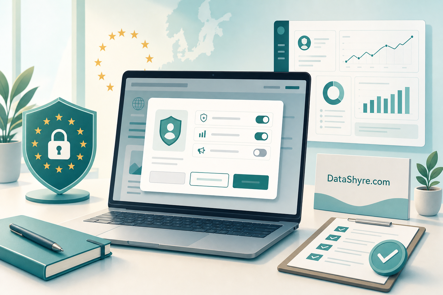 Editorial illustration of a privacy operations workspace with a balanced consent banner, GDPR checklist cards, vendor controls, and subtle visible branding text DataShyre.com