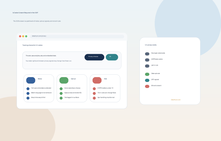 Editorial illustration of a U.S. privacy compliance dashboard showing notice, opt-out, GPC browser signals, children's consent checks, and subtle visible branding text DataShyre.com