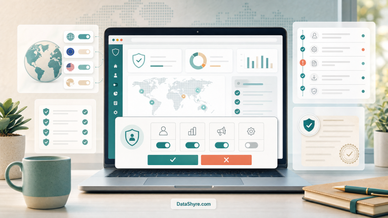 Editorial illustration showing a consent management platform dashboard with balanced accept and reject controls, regional settings, audit record panels, and subtle visible branding text DataShyre.com
