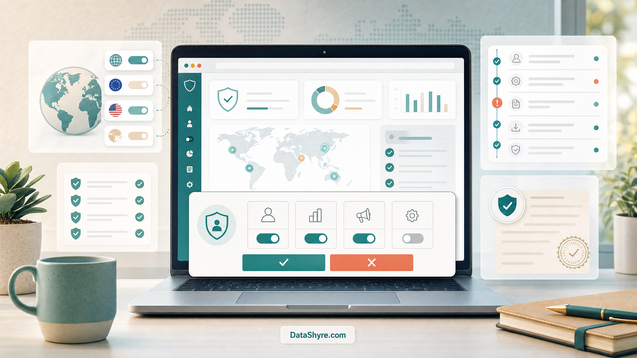 Editorial illustration showing a consent management platform dashboard with balanced accept and reject controls, regional settings, audit record panels, and subtle visible branding text DataShyre.com