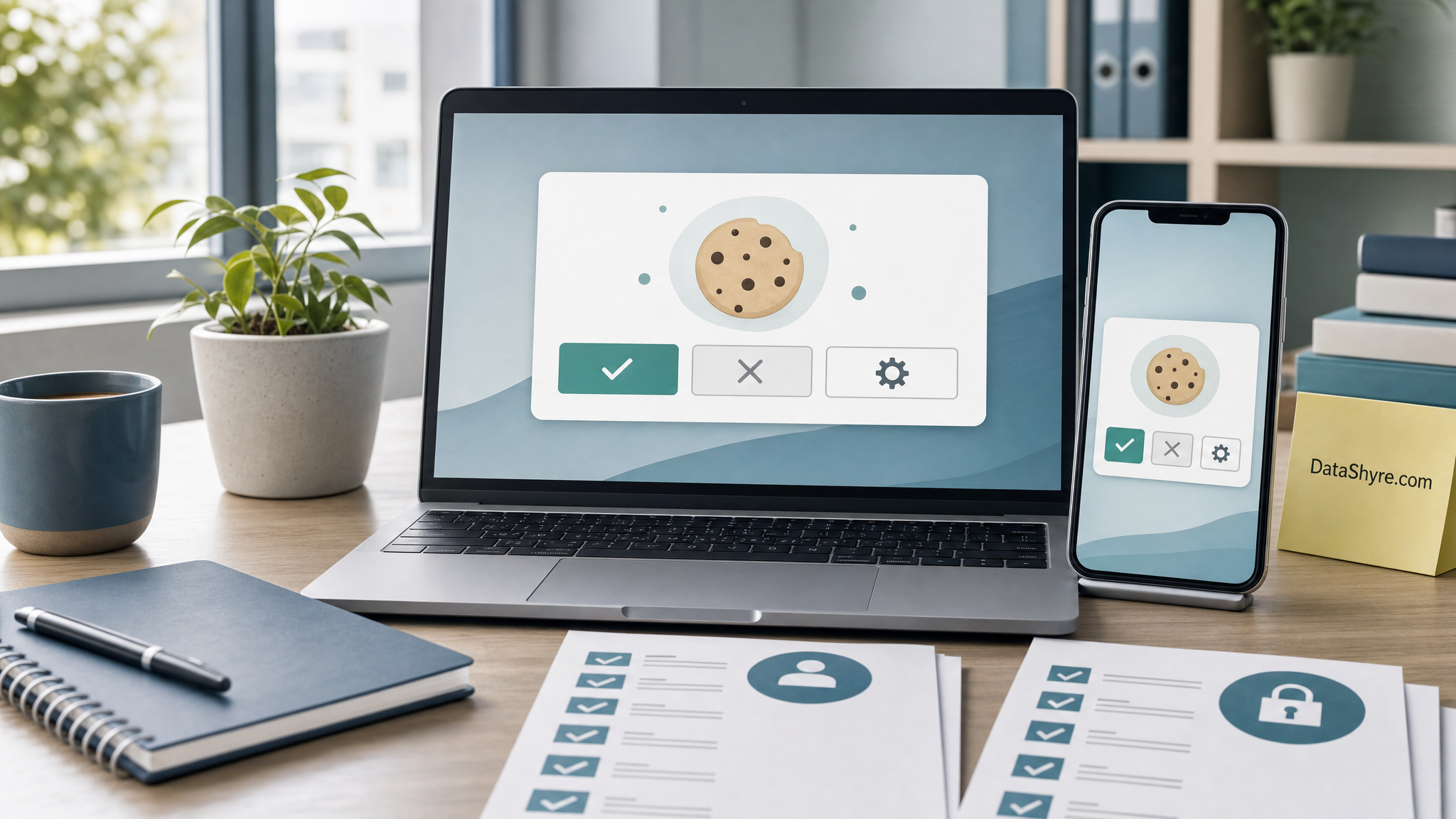 Editorial image showing a privacy workspace with laptop and phone displaying balanced cookie choices, compliance notes, and subtle visible branding text DataShyre.com