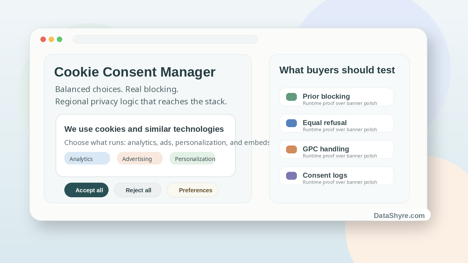 Editorial illustration showing a cookie consent manager dashboard with balanced accept and reject controls, category chips, buyer review cards, and subtle visible branding text DataShyre.com