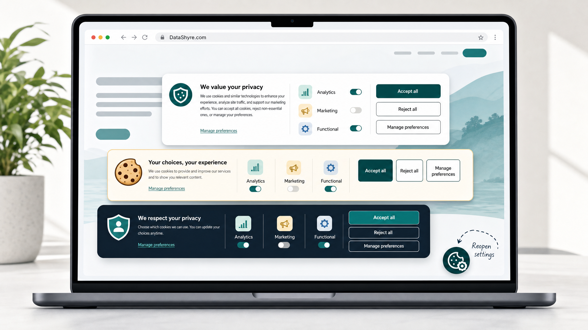 Editorial illustration showing multiple cookie consent message examples inside a modern browser layout with balanced Accept, Reject, and Manage controls plus subtle visible branding text DataShyre.com