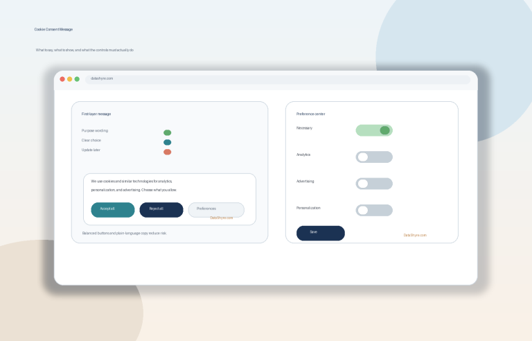 Editorial illustration showing a browser-based consent banner, a preference center, balanced Accept and Reject controls, and subtle visible branding text DataShyre.com