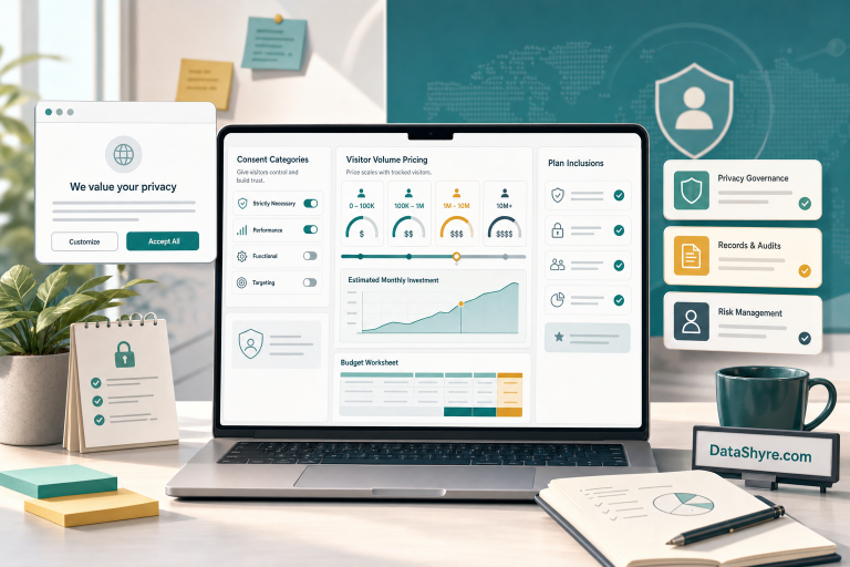 Editorial illustration showing a privacy operations desk with a consent banner, visitor-based pricing meter, budgeting worksheet, and subtle visible branding text DataShyre.com