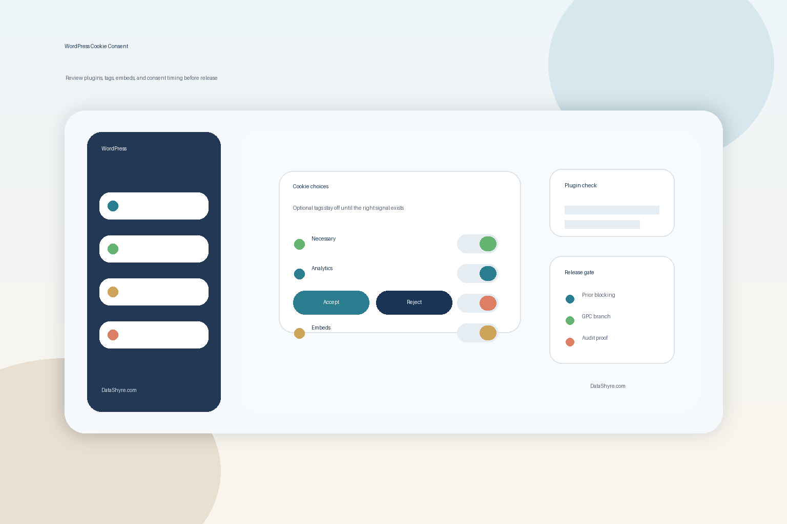 Editorial illustration showing a WordPress privacy workspace with a balanced cookie banner, plugin review cards, release checks, and subtle visible branding text DataShyre.com