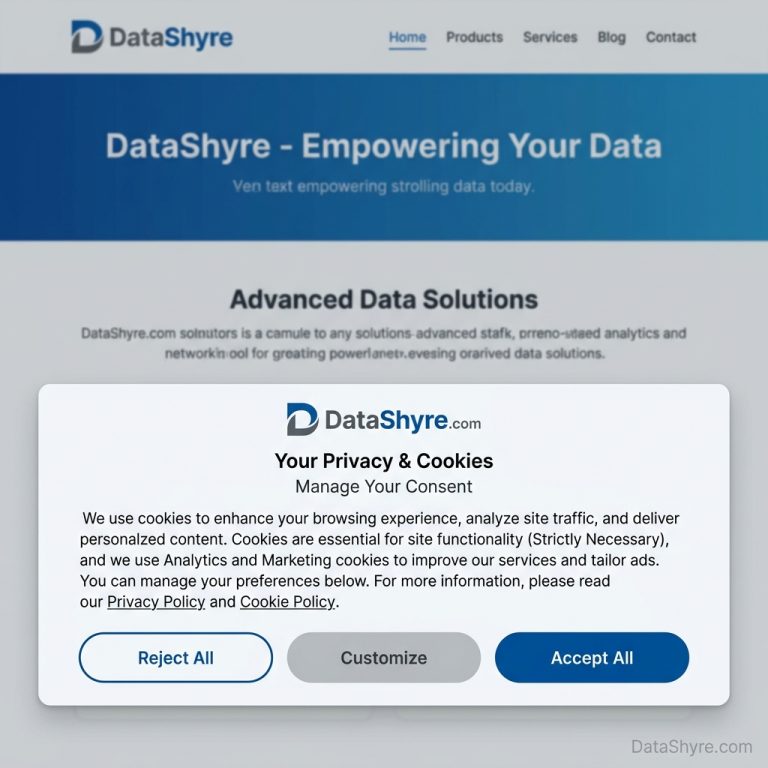 Editorial illustration of a cookie consent banner with balanced Accept, Reject, and Manage controls, compliance notes, and subtle visible branding text DataShyre.com