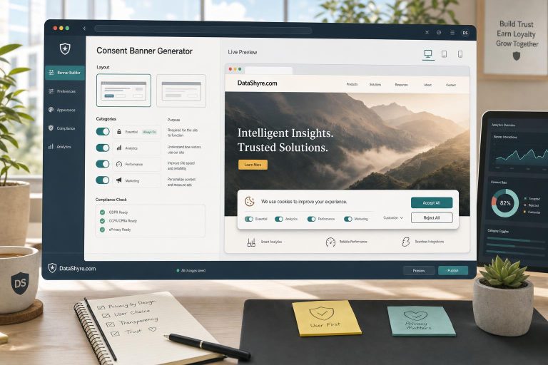 Editorial illustration showing a cookie consent banner generator workspace with a live preview, balanced accept and reject controls, category toggles, and subtle visible branding text DataShyre.com