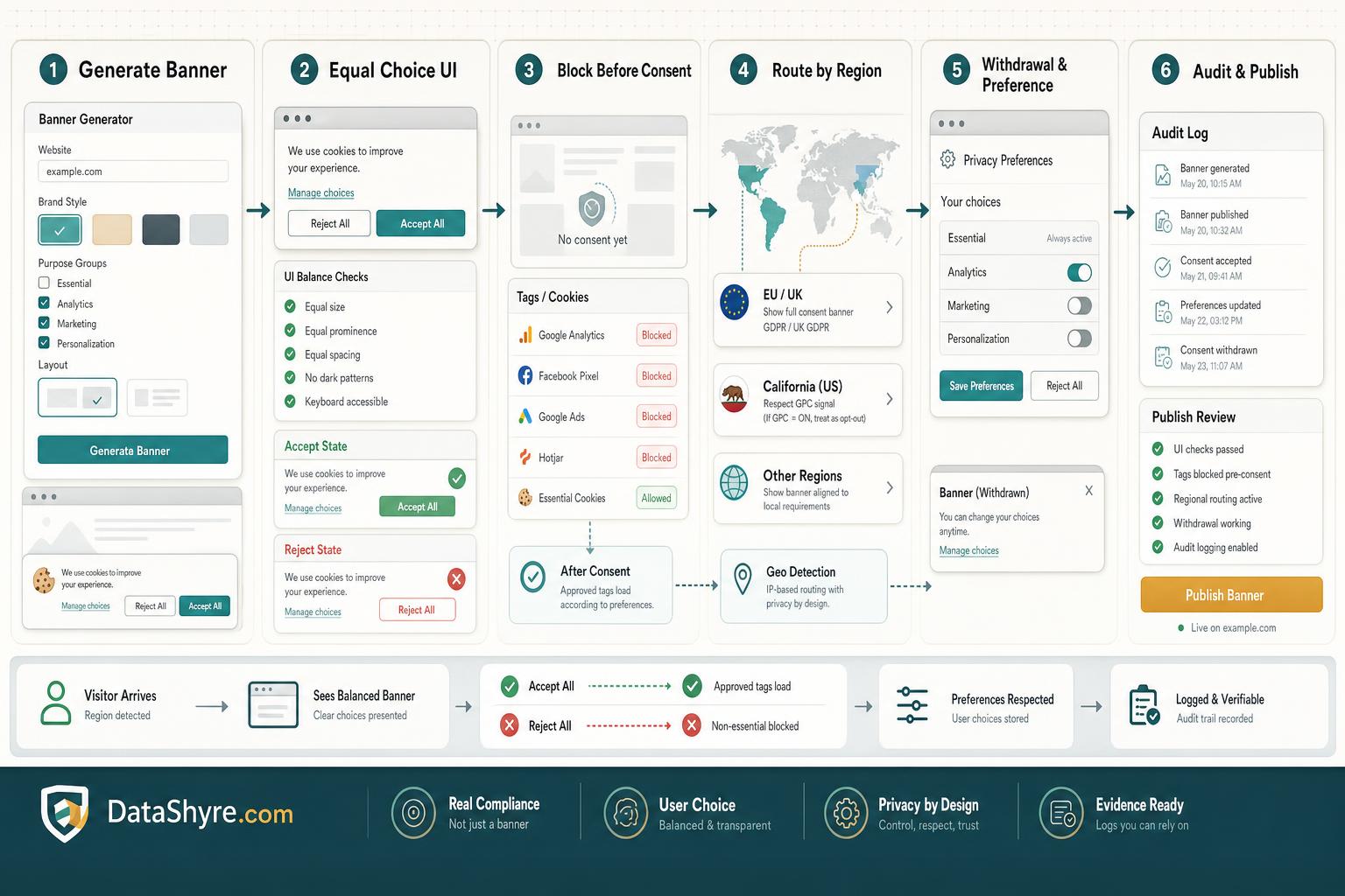 Workflow illustration showing a banner generator feeding into equal-choice UI, blocked tags, regional logic including GPC, withdrawal controls, audit logs, and subtle visible branding text DataShyre.com
