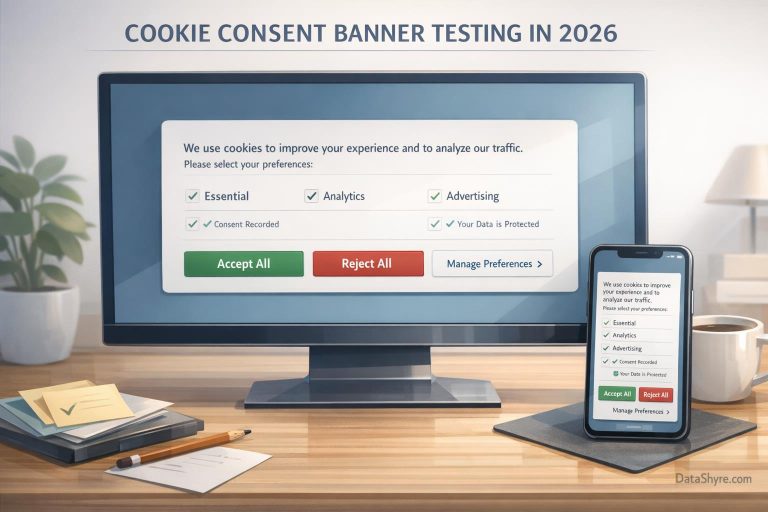Editorial illustration of a modern cookie consent banner on desktop and mobile with equal Accept All and Reject All actions, readable categories, compliance notes, and subtle visible branding text DataShyre.com