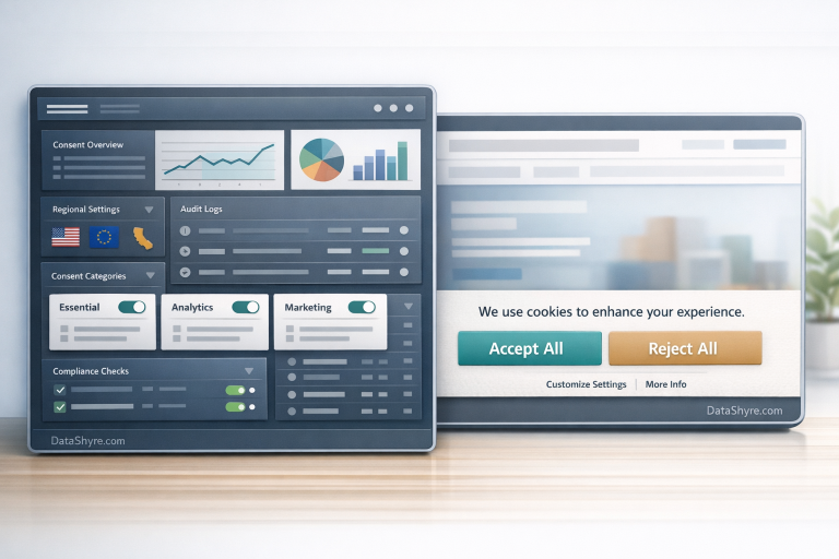 Editorial illustration showing a consent manager dashboard beside a website consent banner with equally prominent Accept All and Reject All controls, audit records, regional privacy settings, and subtle visible branding text DataShyre.com