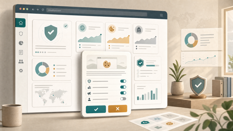 Editorial illustration showing a consent management dashboard inspired by Cookiebot-style website privacy tooling, with a fair cookie banner, scan-result cards, purpose toggles, audit indicators, and subtle visible branding text DataShyre.com
