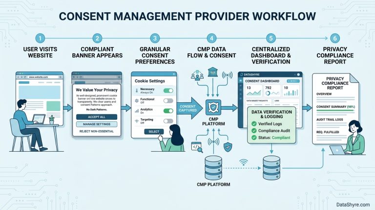 Editorial image showing a consent management provider workflow: user visits a website, a compliant banner collects granular consent, data flows through a centralized CMP dashboard with verification checks, and a privacy compliance report is generated with subtle visible branding text DataShyre.com