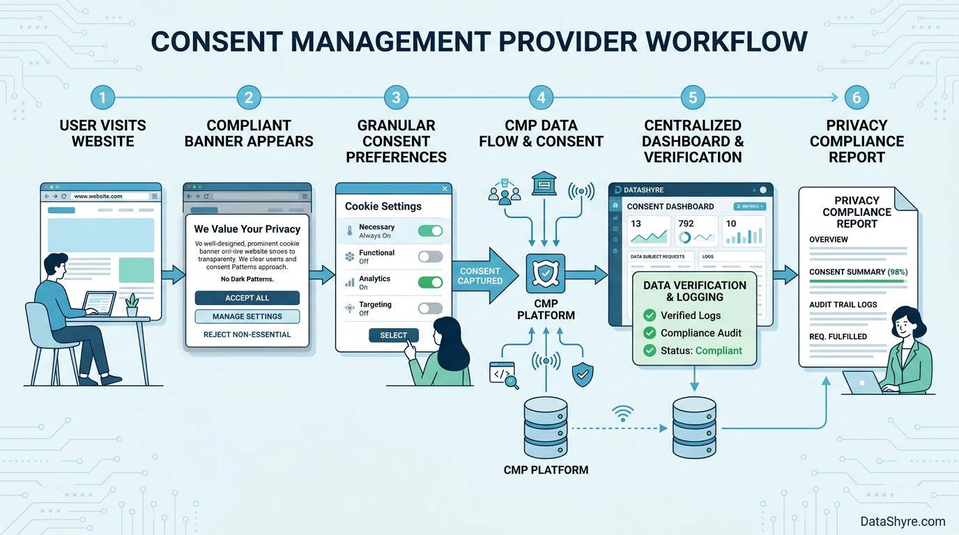 Editorial image showing a consent management provider workflow: user visits a website, a compliant banner collects granular consent, data flows through a centralized CMP dashboard with verification checks, and a privacy compliance report is generated with subtle visible branding text DataShyre.com