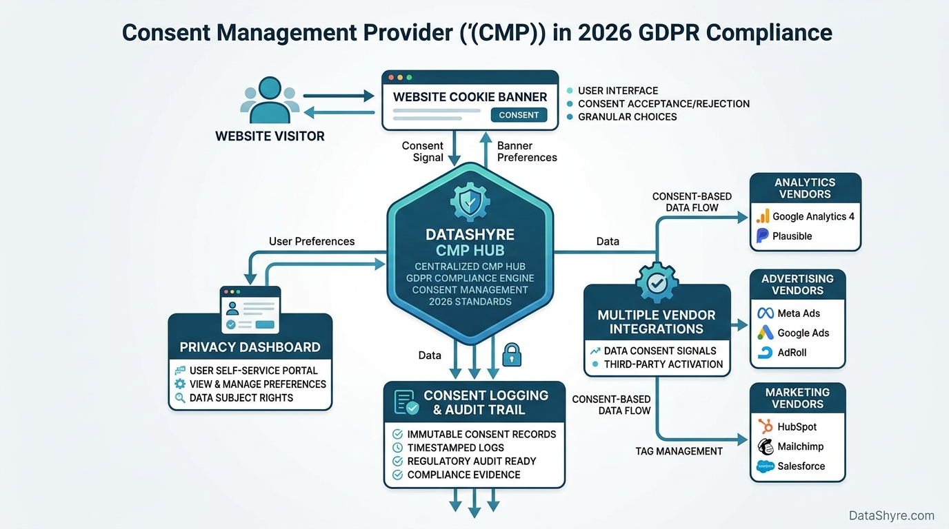 Workflow showing the role of a consent management provider (CMP) in 2026 GDPR compliance: a central CMP hub connected to a website cookie banner, a privacy dashboard, consent logging and audit trail, and multiple vendor integrations with analytics, advertising, and marketing — with subtle visible branding text DataShyre.com