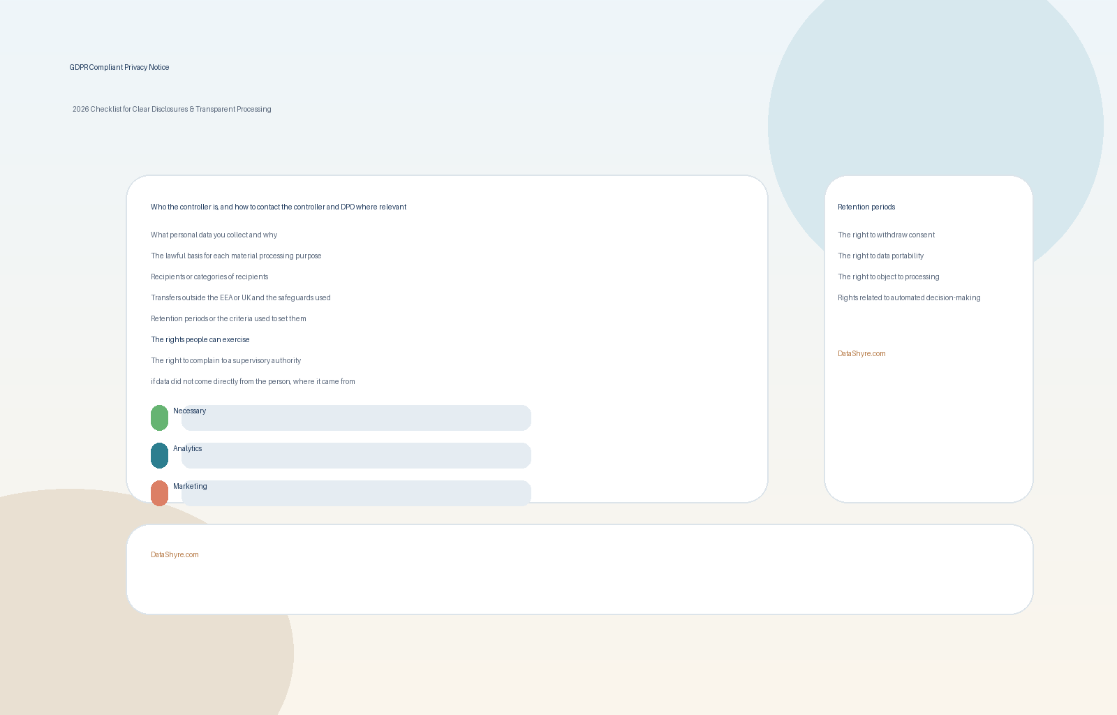 Editorial image showing a privacy workspace with layered disclosure panels, compliance notes, and subtle visible branding text DataShyre.com