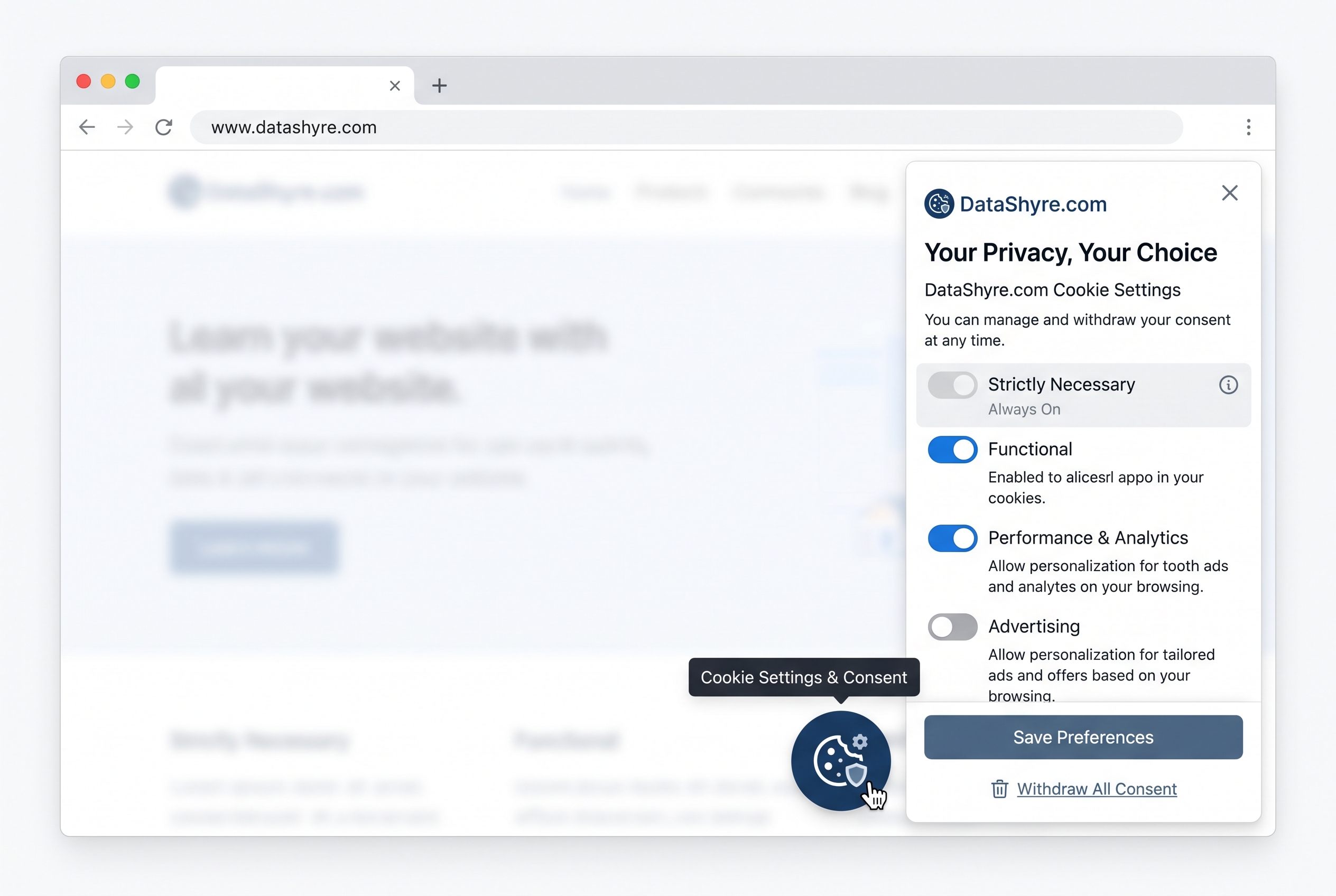 Cookie consent management icon for withdrawal