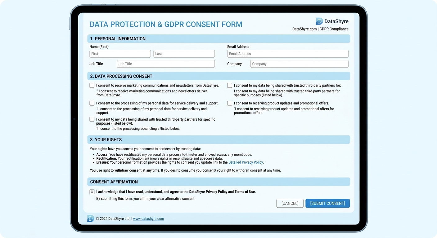Interactive Consent Form Interface with DataShyre.com watermark