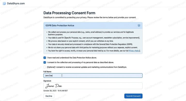 GDPR Consent Form Template with DataShyre.com branding