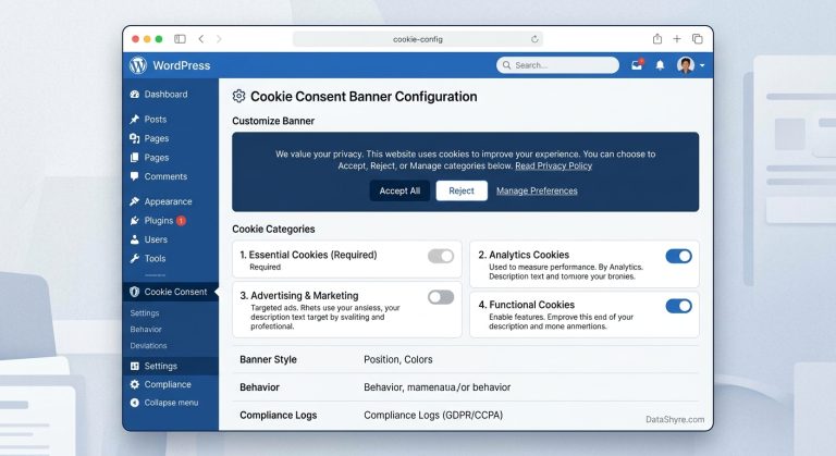 WordPress Cookie Consent Dashboard with DataShyre.com branding