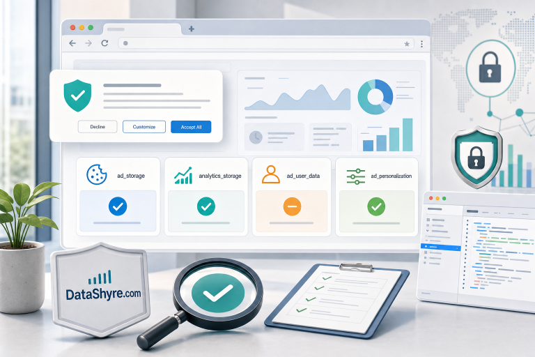 Editorial illustration showing a website consent banner beside consent state cards, analytics and ads controls, browser testing panels, and subtle visible branding text DataShyre.com