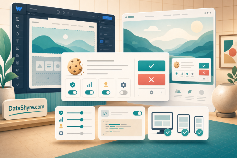 Editorial illustration showing a Webflow-style site builder beside a published-site preview with balanced cookie choices, script controls, testing panels, and subtle visible branding text DataShyre.com