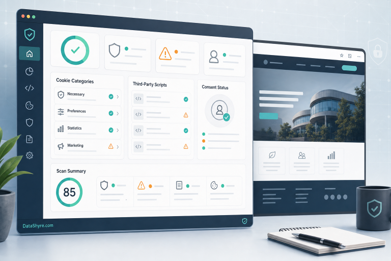 Editorial illustration showing a website privacy checker dashboard layered over a live site preview with cookie categories, script findings, risk cards, and subtle visible branding text DataShyre.com