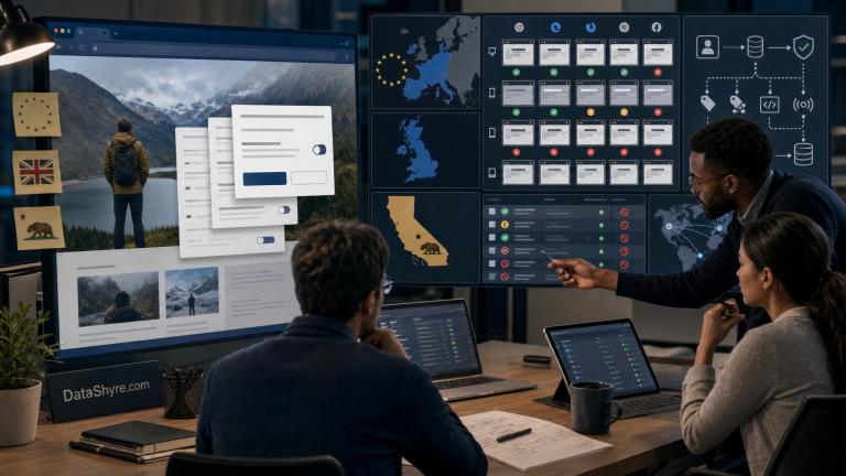 Editorial illustration showing a privacy operations workspace with a website consent banner, regional rules, audit records, browser testing panels, blocked trackers, and subtle visible branding text DataShyre.com
