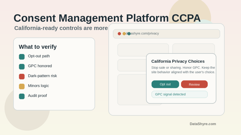 Editorial illustration showing a California privacy operations workspace with a balanced CMP banner, visible opt-out controls, GPC browser signal indicators, compliance panels, and subtle visible branding text DataShyre.com