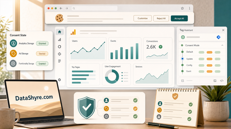Editorial illustration showing a browser-based GA4 consent review workspace with a cookie banner, consent-state chips, analytics dashboard cards, and subtle visible branding text DataShyre.com