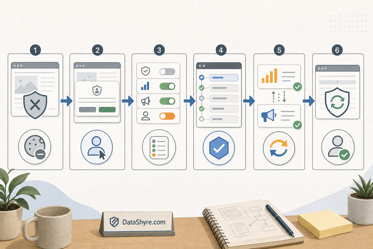 Workflow illustration showing denied defaults, user updates, four Google consent signals, the June 15 2026 control change between Google Analytics and Google Ads, and subtle visible branding text DataShyre.com
