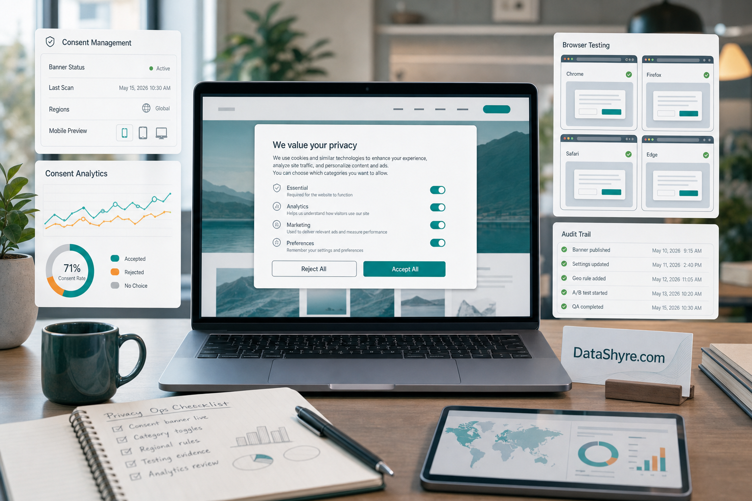 Editorial illustration showing a website privacy operations workspace with a OneTrust-style consent banner, balanced accept and reject controls, consent categories, audit panels, browser testing views, and subtle visible branding text DataShyre.com