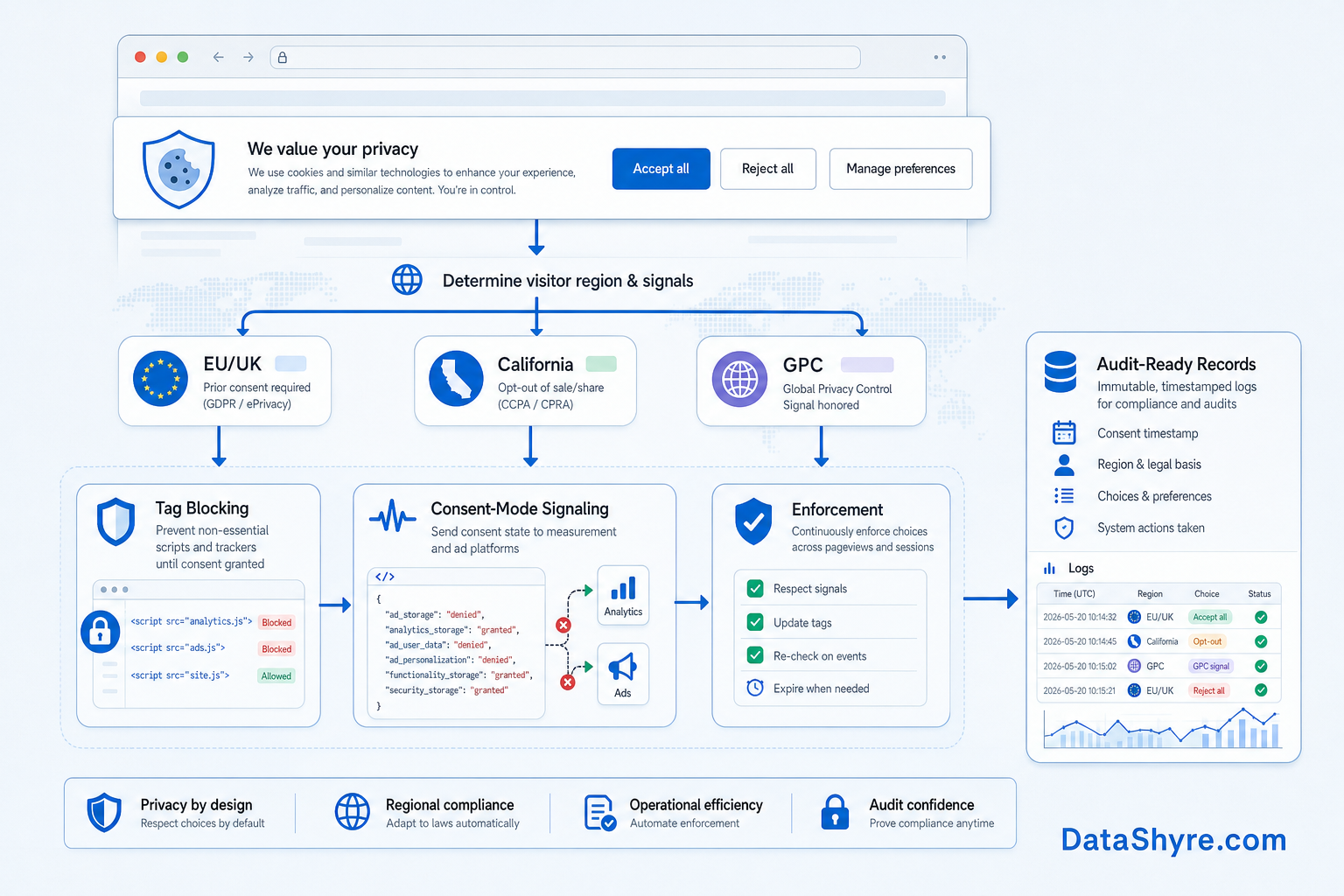 Workflow illustration showing visitor choice moving through necessary versus optional technologies, regional branching for EU UK and California, GPC handling, consent-mode signaling, and audit-ready records with subtle visible branding text DataShyre.com
