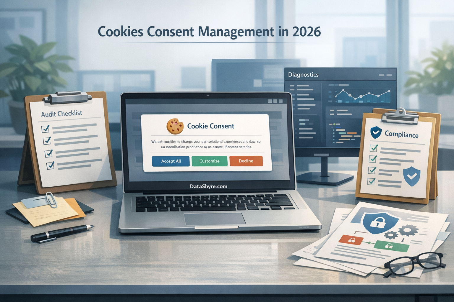 Editorial illustration showing a privacy operations desk with a website consent banner, audit checklist, browser diagnostics, and subtle visible branding text DataShyre.com