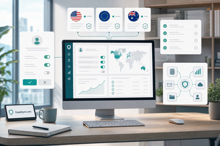 Editorial illustration of a privacy operations workspace showing a consent prompt, regional rule cards, audit records, and subtle visible branding text DataShyre.com
