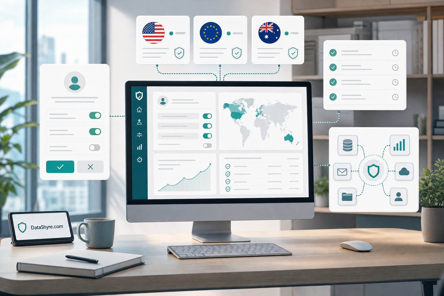Editorial illustration of a privacy operations workspace showing a consent prompt, regional rule cards, audit records, and subtle visible branding text DataShyre.com