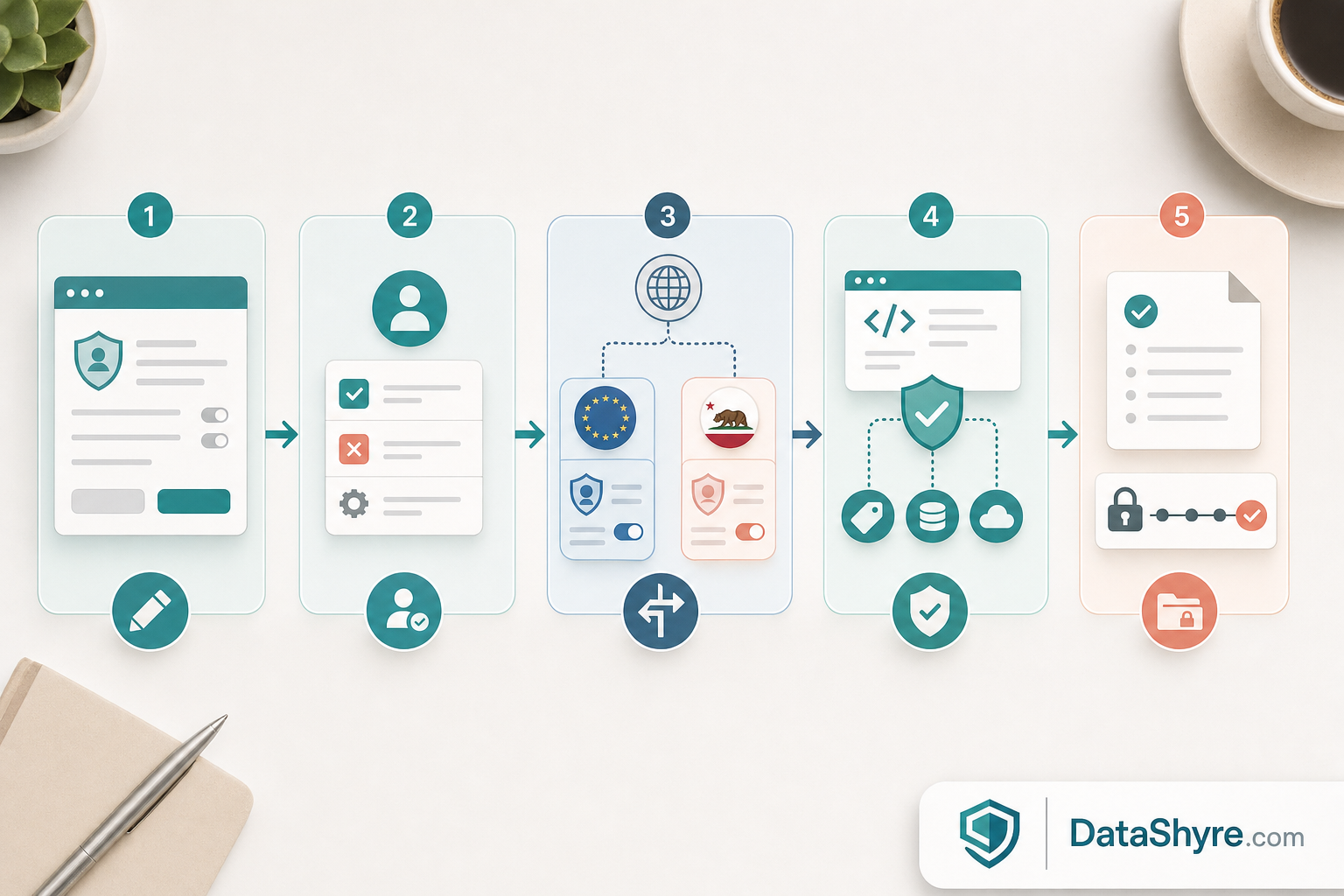 Workflow illustration showing notice design, user choice, regional branching, downstream enforcement, and subtle visible branding text DataShyre.com