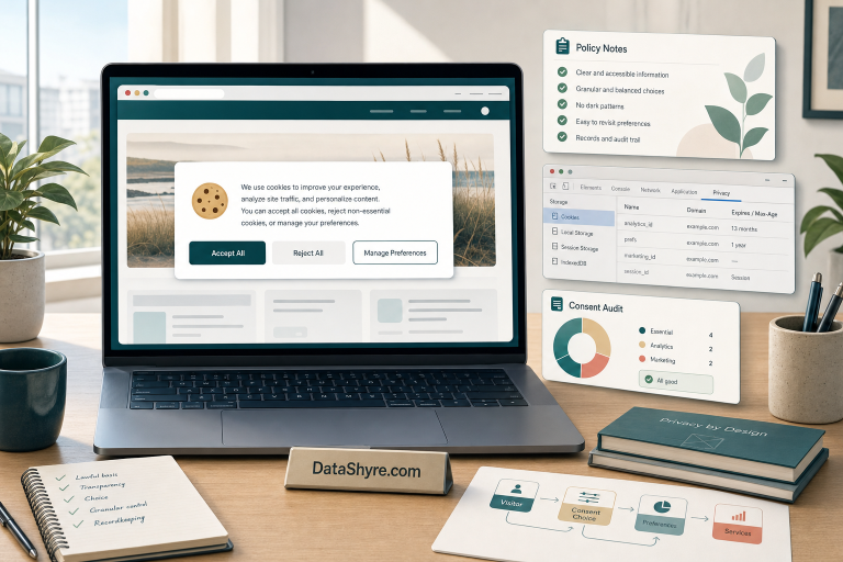 Editorial illustration showing a modern website privacy workspace with a balanced consent banner, browser testing panels, privacy policy notes, and subtle visible branding text DataShyre.com