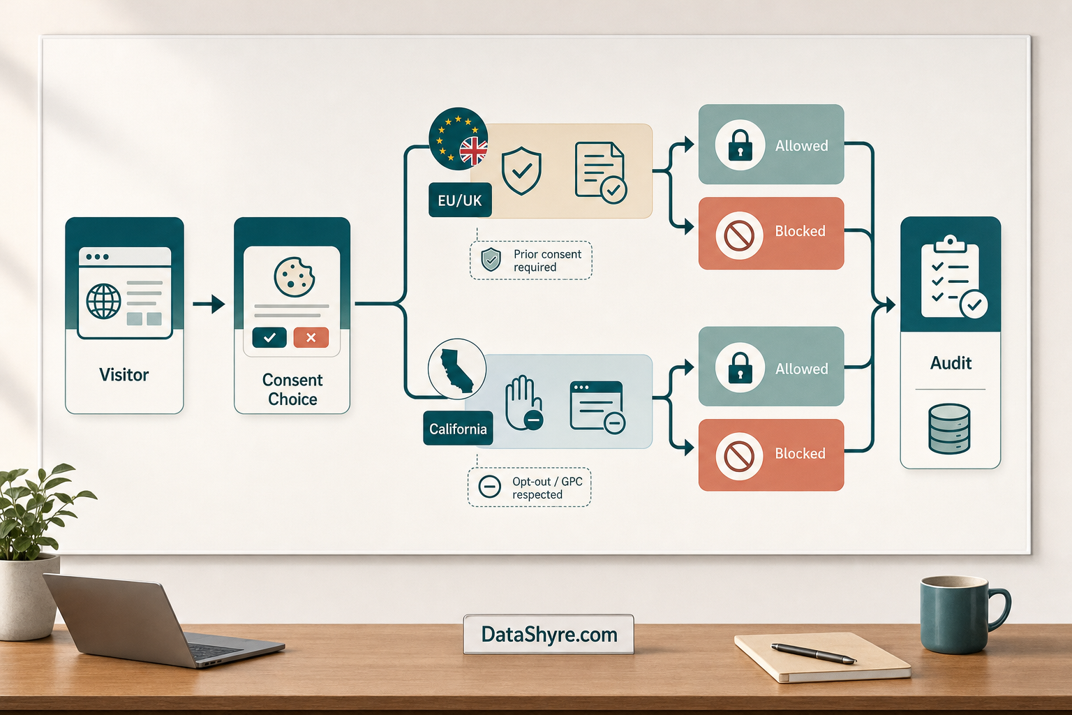 Workflow illustration showing visitor choice moving through necessary versus optional technologies, regional branching for EU UK and California, GPC handling, and audit-ready records with subtle visible branding text DataShyre.com