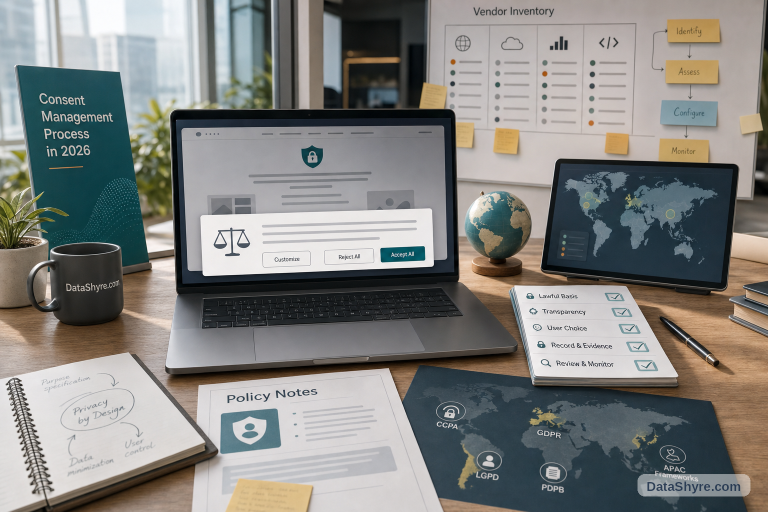 Editorial illustration showing a privacy operations desk with a website consent banner, policy notes, vendor inventory board, browser diagnostics, and subtle visible branding text DataShyre.com