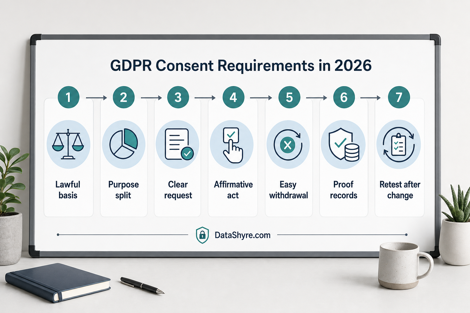 Workflow illustration showing GDPR consent operations moving from lawful-basis review to purpose split, fair capture, withdrawal, proof, and post-release retesting with subtle visible branding text DataShyre.com